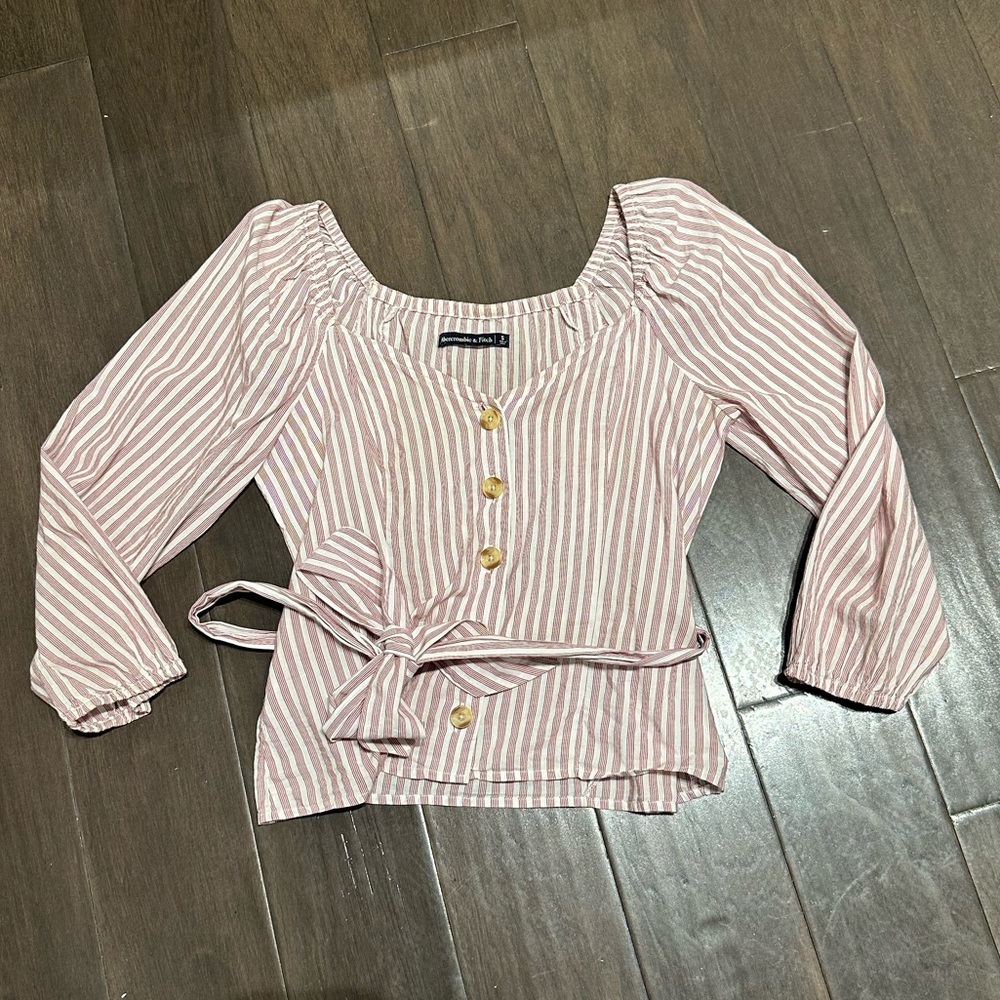 Abercrombie & Fitch Linen Button Down Tie Red/White Striped Blouse Size S